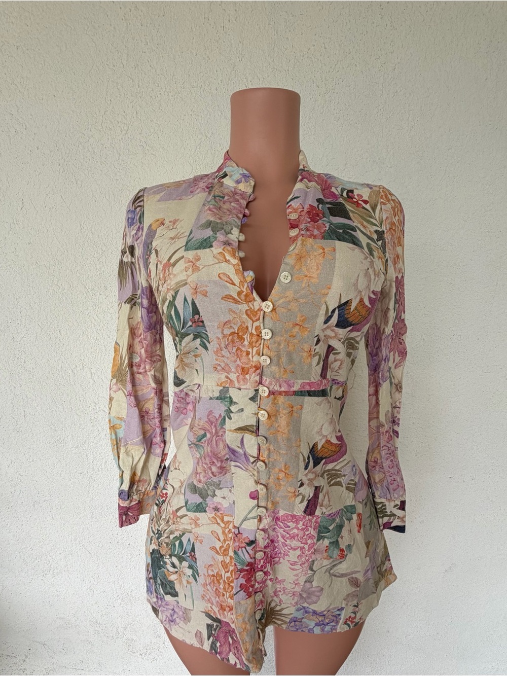 Floral Patchwork Button-Front Women’s Top - Cream/Multi